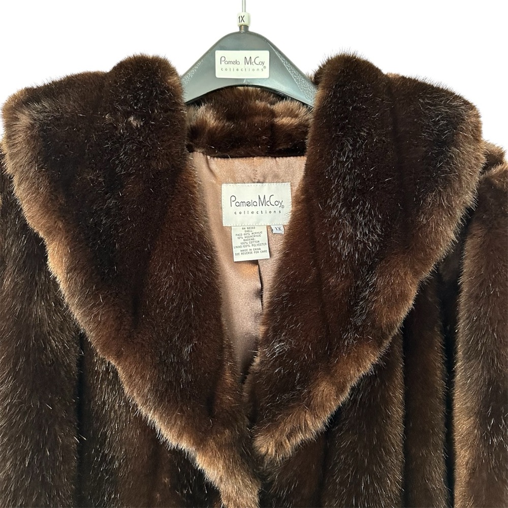 Vintage Pamela McCoy FAUX Fur Brown Coat Jacket Mob Wife 1X Mint Condition